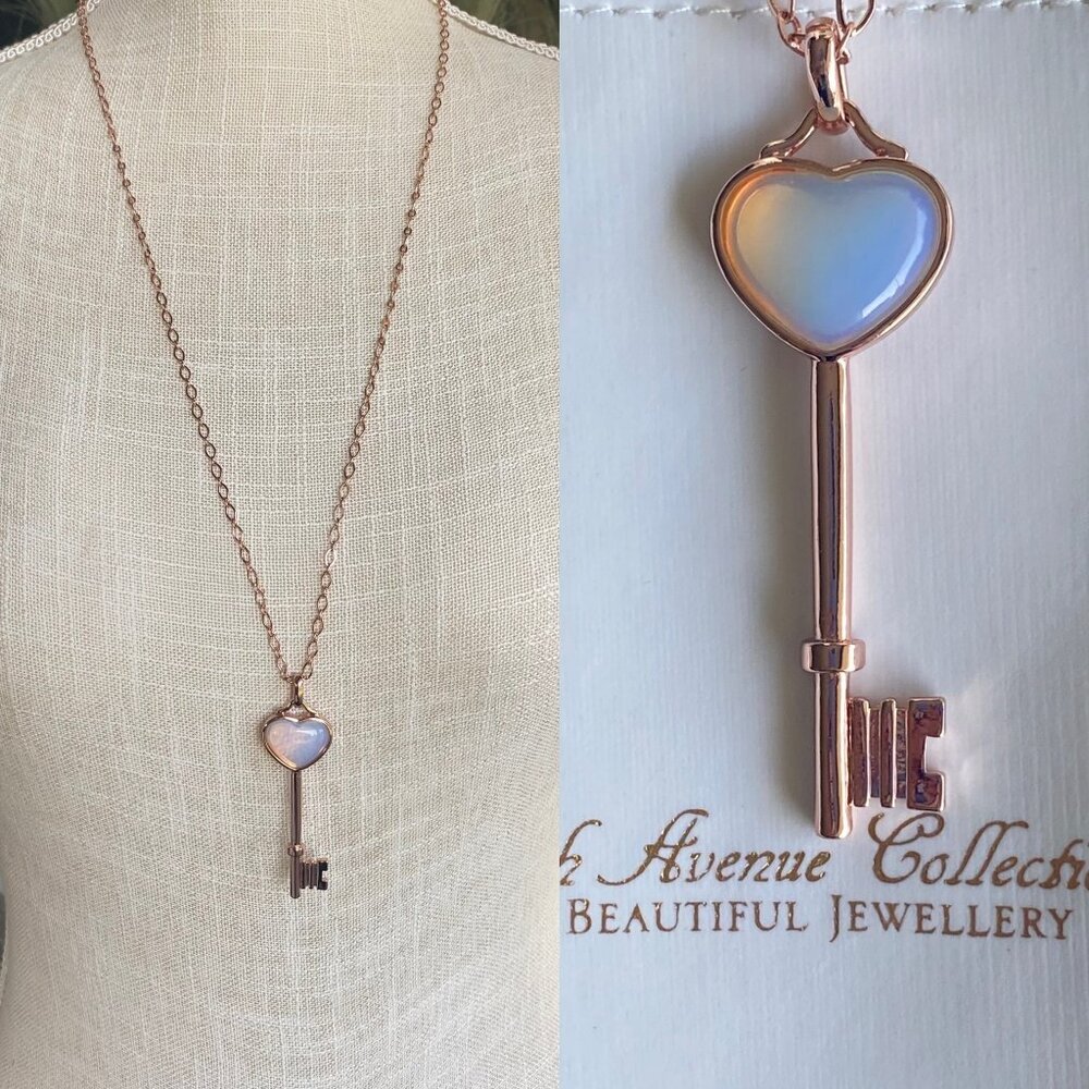 FAC Genuine Moonstone Opalite Rose Gold Key Pendant Necklace
